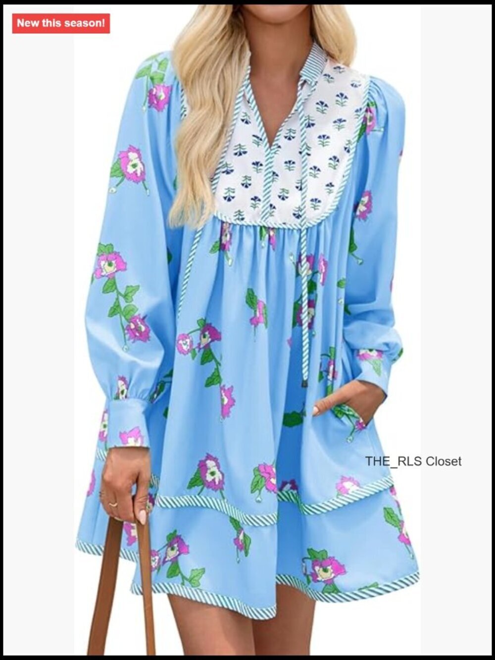 Floral Mini Dress Long Sleeve V Neck Patchwork Loose Boho Casual